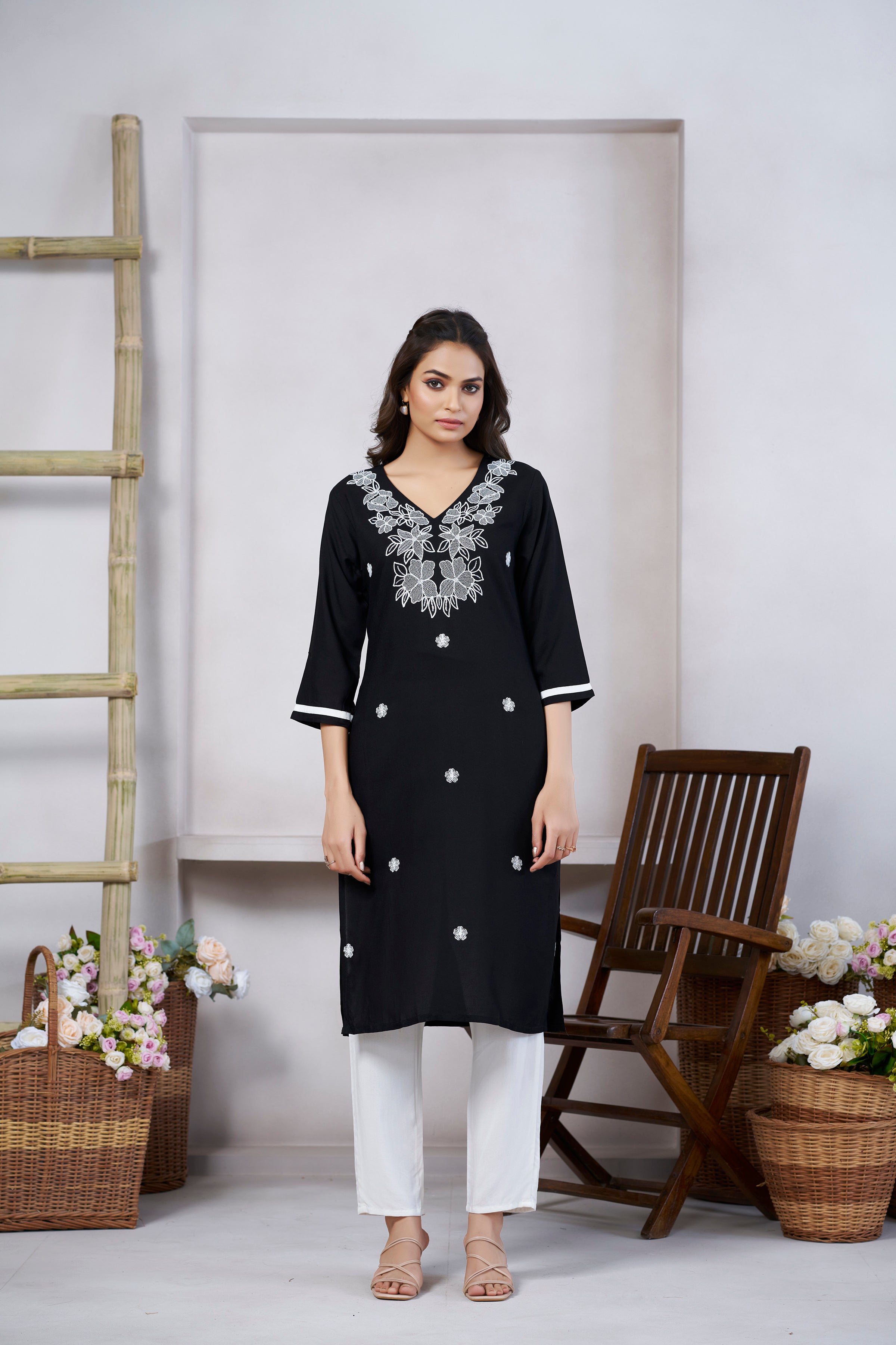 Black Viscose Rayon Kurti with Flower Thread Work and 3/4 Sleeves with Stylish Neckline